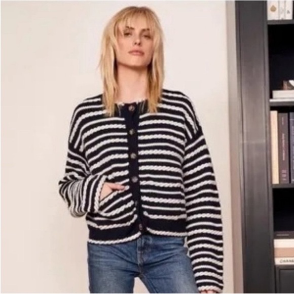 NWT La Ligne Braid Stripe Cardigan S black cream - Picture 3 of 10